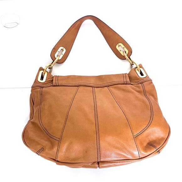 Y2K Steven Leather Flap Turnlock Hobo Shoulder Bag Tan Chunky Gold Tone Hardware - Picture 2 of 8
